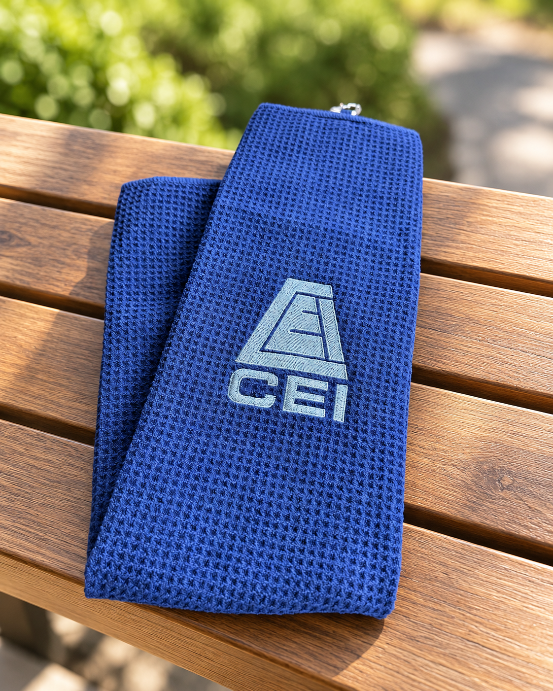 Blue golf towel with a light blue embroidered CEI logo on a wooden bench